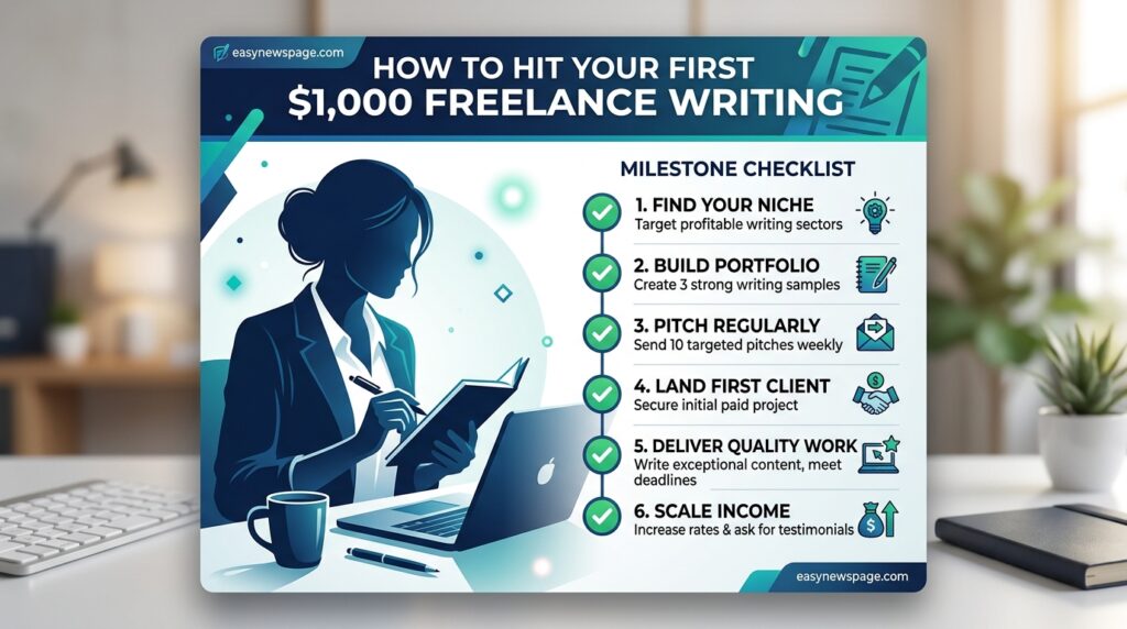 Summary graphic on how to reach your first $1,000 in freelance writing
