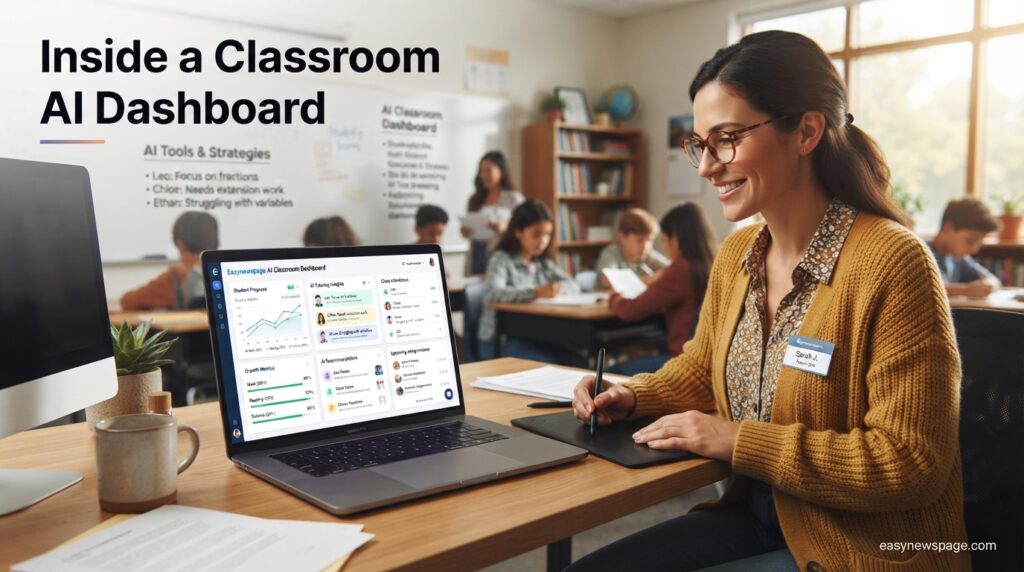 Teacher reviewing an AI classroom dashboard showing student progress 