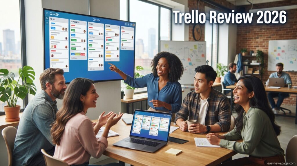 Team reviewing a Trello Kanban board on screen in a modern office