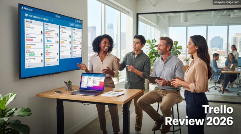 Trello Review 2026: Features, Pricing and Verdict Team reviewing a Trello Kanban board on screen in a modern office