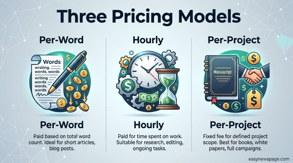 Infographic comparing per-word, hourly, and per-project freelance writing pricing