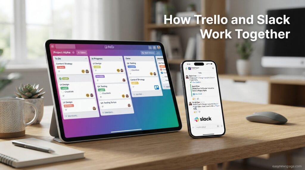 Tablet showing a Trello board next to a phone showing a Slack notification