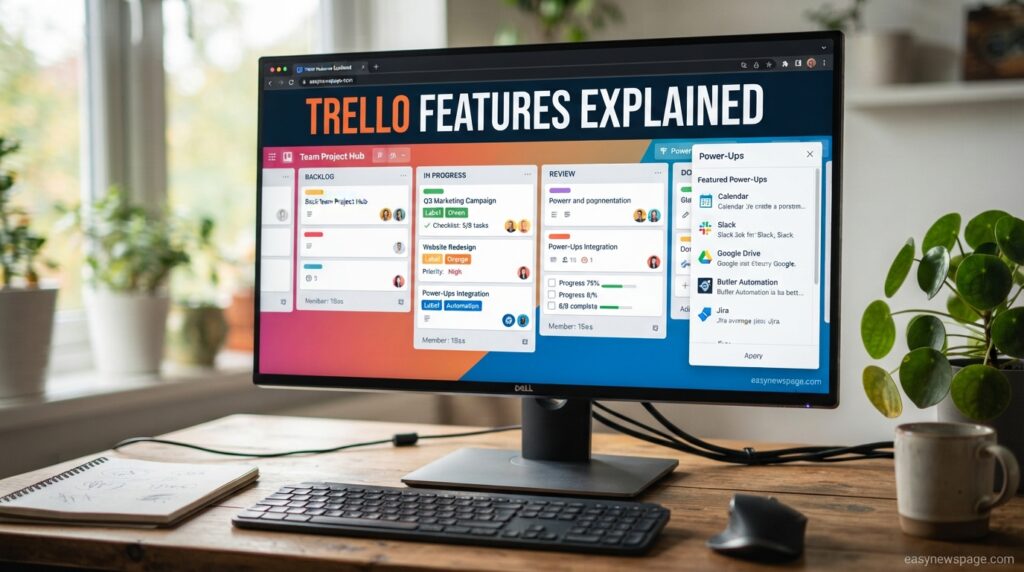 Trello board on a desktop monitor showing features and Power-Ups menu