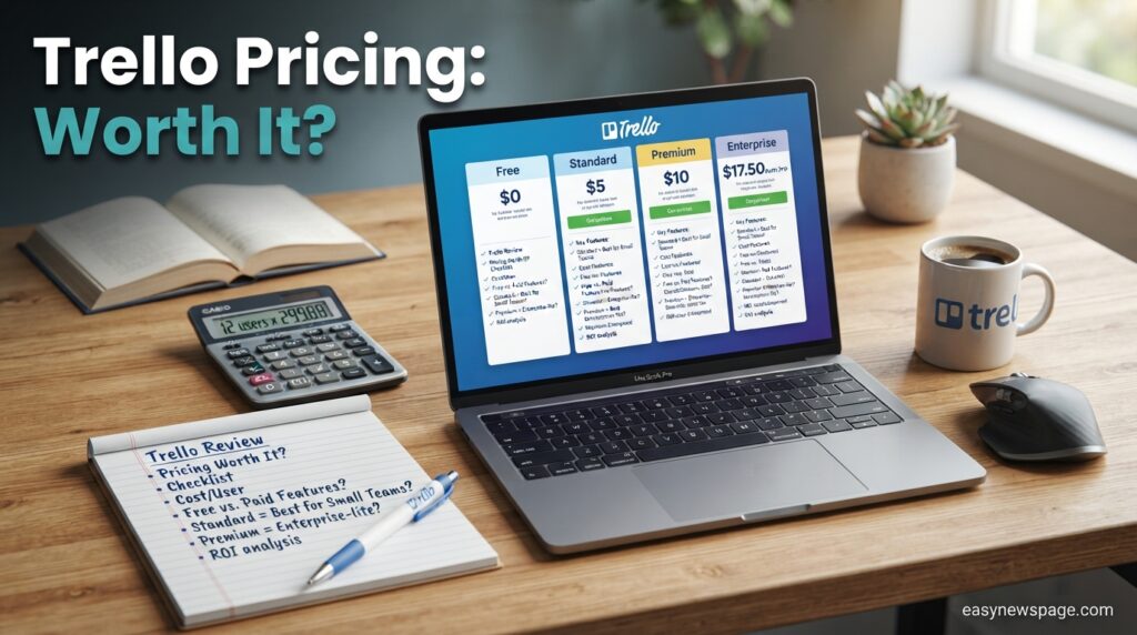 Desk with laptop, calculator, and notes comparing Trello pricing plans