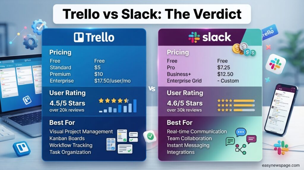 Infographic summarizing the Trello vs Slack comparison verdict with pricing and ratings 