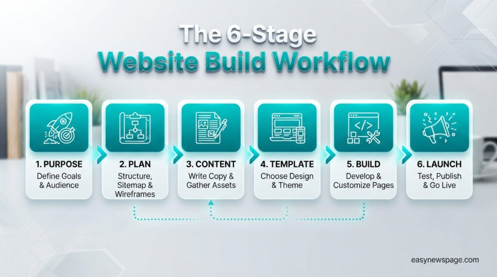Six-stage website building workflow infographic from purpose to launch

