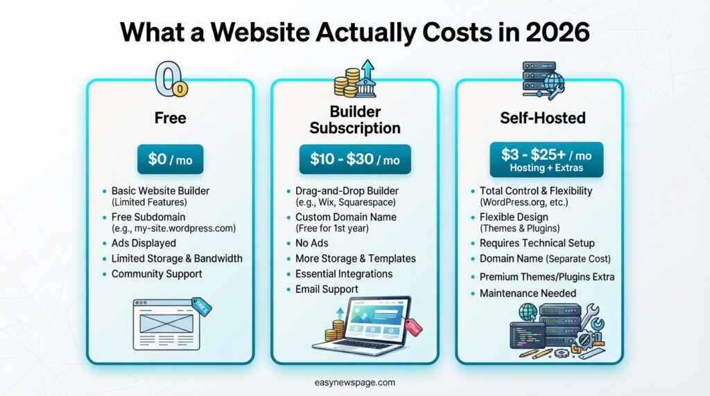 Infographic comparing free, builder subscription and self-hosted website costs

