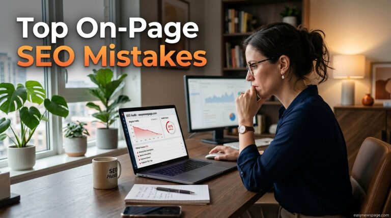 Marketer reviewing an SEO audit dashboard showing on-page ranking issues