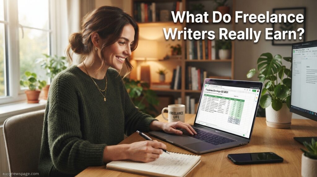 Freelance writer reviewing income and earnings on a laptop