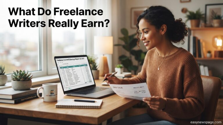 Freelance writer reviewing income and earnings on a laptop