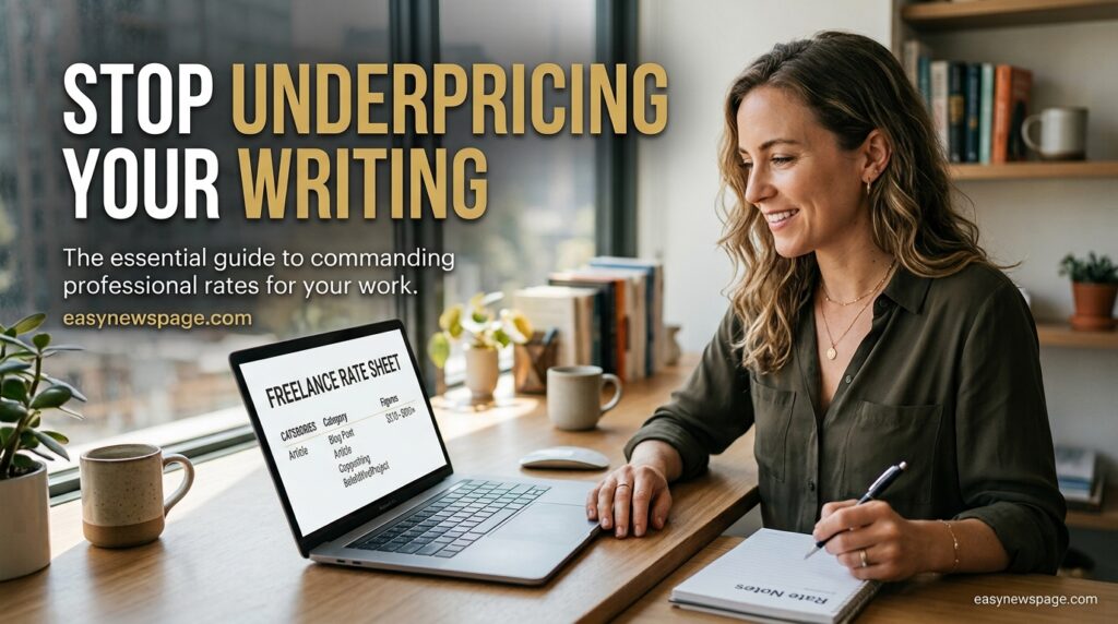 Social banner promoting a guide on pricing freelance writing services