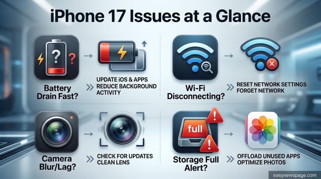 Infographic summarizing the most common iPhone 17 problems and fixes