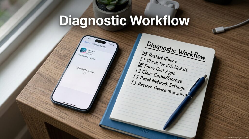 iPhone 17 screen showing the software update diagnostic workflow  