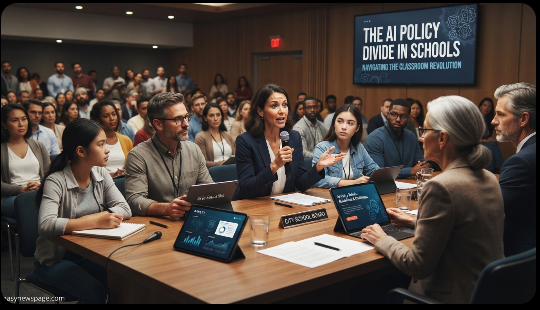 Parents and educators discussing AI policy at a school board meeting, easynewspage.com 