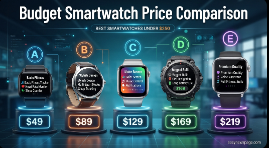 Infographic comparing prices of five budget smartwatches 
