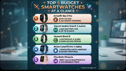 Infographic summarizing the top 5 budget smartwatches