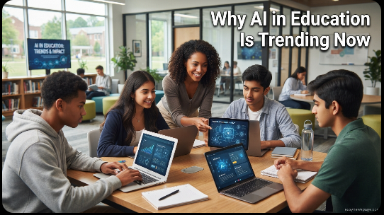 Students and teacher using AI tools together in a modern classroom, easynewspage.com 
